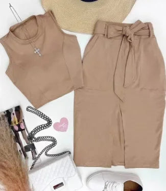 Maxy Skirt Set Women Dress Sets Two Piece Sets Bodycon Round Neck Sleeveless Crop Tops Mid Length Skirts Lace Up High Waist Splice
