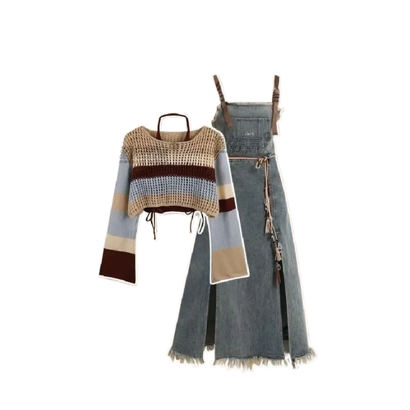 2026 Spring New Vintage Denim Skirt Matching Set Women's Elegant Loose Hollow Knitted Shirt+Sexy Split Dress Two Piece Suit
