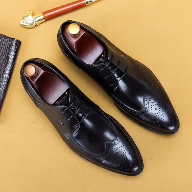 Visco Vintage Classic Men's Brogues Shoes Italian Handmade Real Leather Elegant Black Dress Shoe Red Brown Wingtip Gents Suit Social