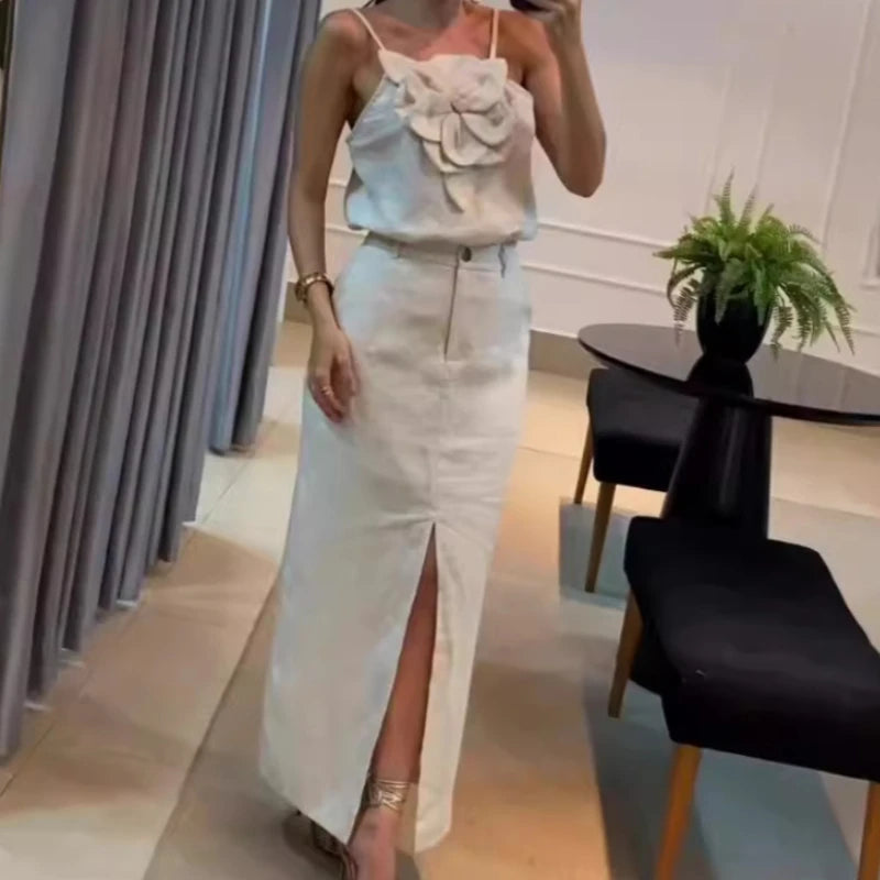 Maxy Skirt Set Women Dress Sets Two Piece Sets Slim Sling Sleeveless Floral Casual Short Tops Mid Length Skirts Elegant Splice Summer