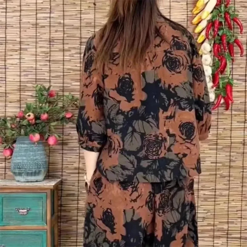Maxy Summer Mother Sets Cotton And Linen New Loose And Thin Printed Casual Suits Retro Harem Pants Two-Piece Set Short Sleeve T-Shirt