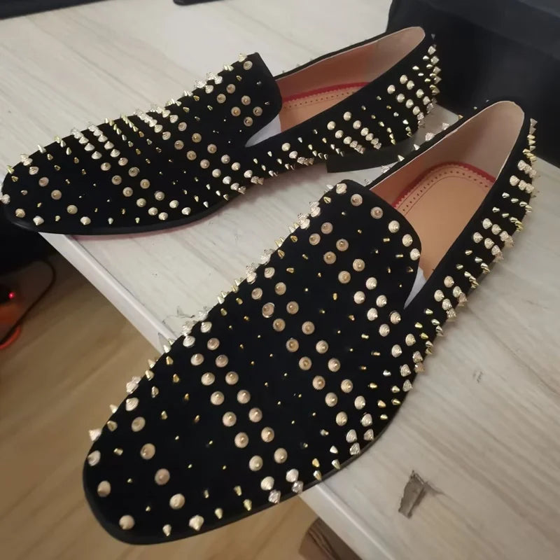 Amay New Black Suede Loafers Men Rivet Shoes Fashion Leather Formal Shoes For Men Italian Slip On Dress Shoes Party Mens Shoes