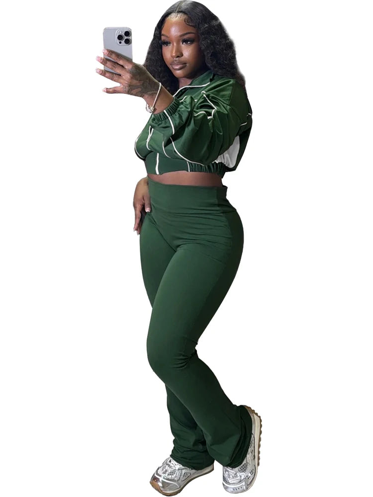 Maxy Trendy Women Clothes Contrast Color Tracksuit Zip Crop Jacket and High Waist Flare Pants Suit Sports Gym 2 Two Piece Set