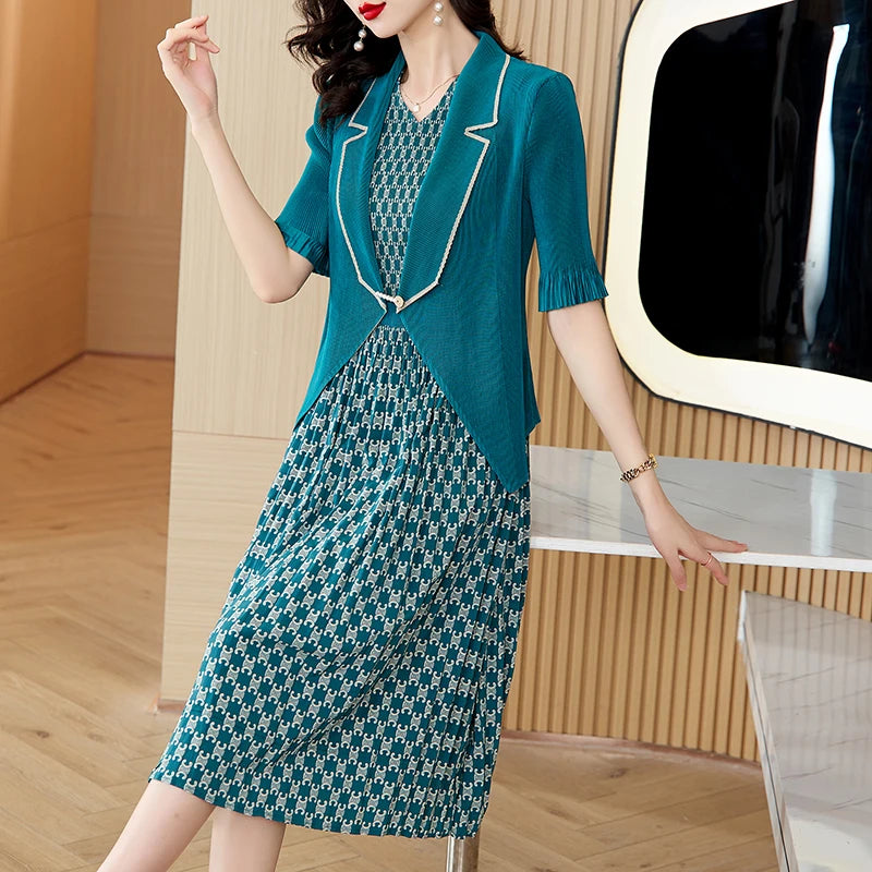 Maxy Pleated Dress Autumn New Style Plaid Suit Collar Pleated Skirt Waist Slimming Magic Skirt Set Maxy Dress for Women