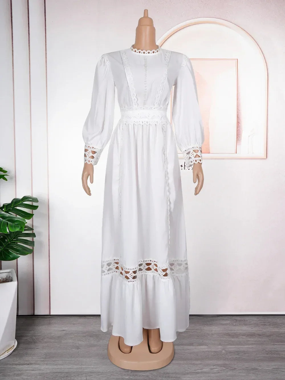 White Lace African Dresses for Women Plus Size Ankara Dashiki Africa Clothing Turkey Robe Dubai Abaya Kaftan Outfit Evening Gown