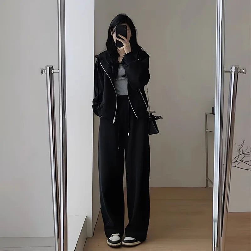 Maxy Autumn and Winter Fashion Casual Hoodie Sportswear Women's Set Wide Leg Pants Hooded Running Two-piece Set