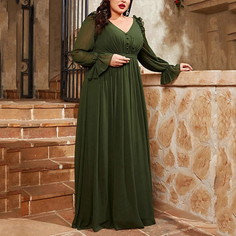 Maxy Plus Size Elegant Green Women's V-Neck Dress Large Size Lantern Long Sleeve Skirt Evening Gown Ball Party Maxy Dresses