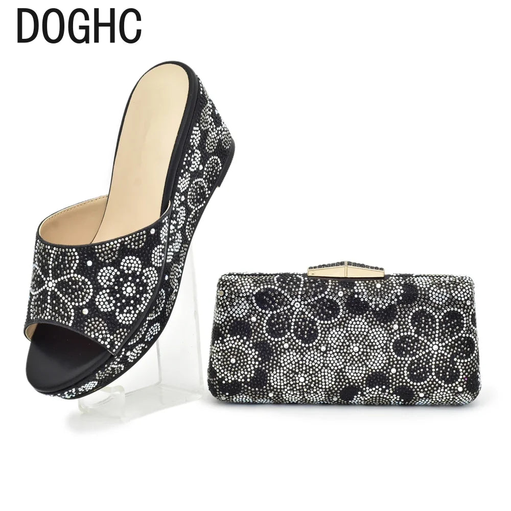 Maxy Latest 2024 Italian Design Fashion Flower Rhinestone Party Wedding Africa Women's Ladies Shoes Bag Set Wedges Shoes for Women