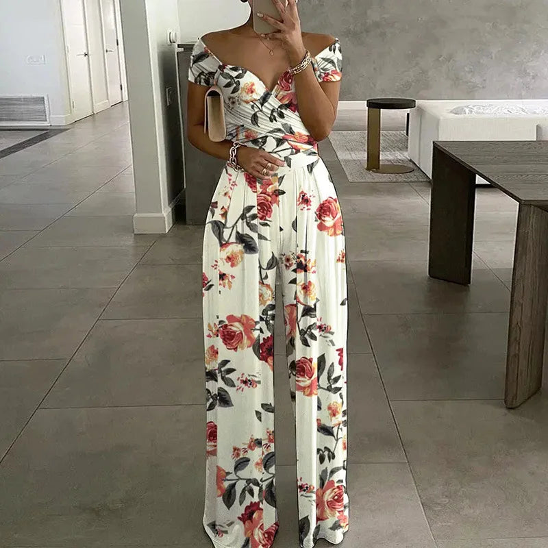 Amay Floral Print Jumpsuit Summer Y2k Women Straight Party Overalls Y2k Club Romper Elegant Off Shoulder Sleeveless Party Jumpsuits