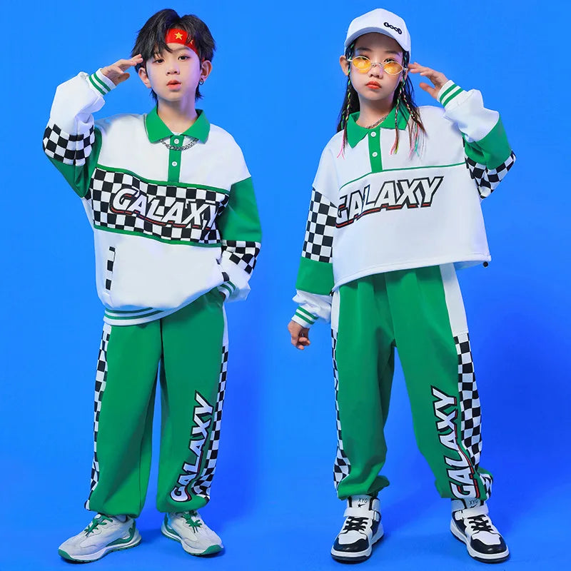 Maxy Kid Hip Hop Clothing White Green Polo Sweatshirt Checkered Casual Jogger Sweat Pants for Girl Boy Clothes Outfits