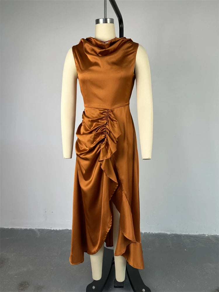 Amay Elegant Women Summer New Style Sleeveless Slim Fit Ruffle Edge Mid Length Irregular Dress Women's Party Dresses