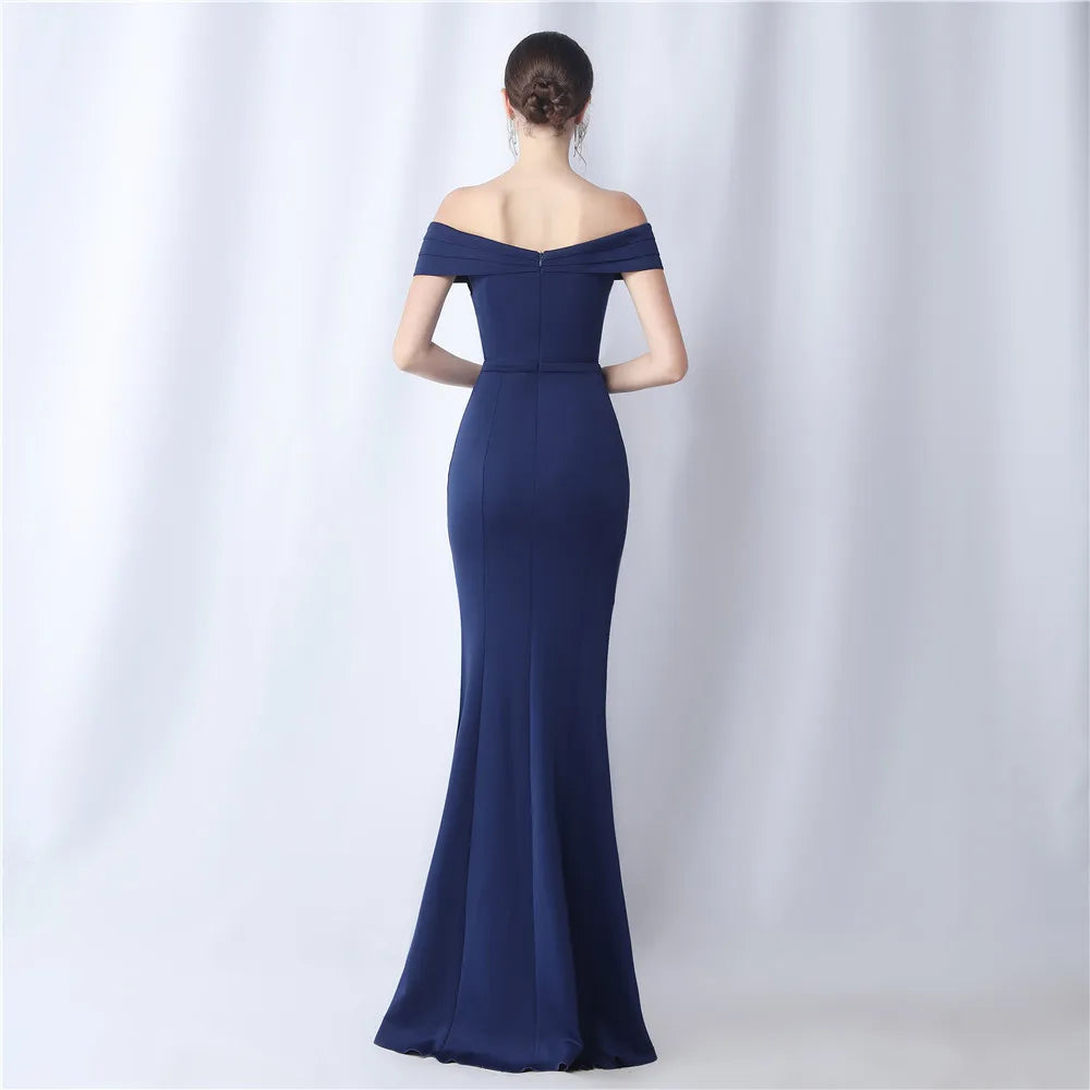 Maxy Evening Dresses Navy Blue Stretchy Off the Shoulder Ruffles Zipper Back Mermaid Slit Floor Length Women Party Formal Gowns YE038