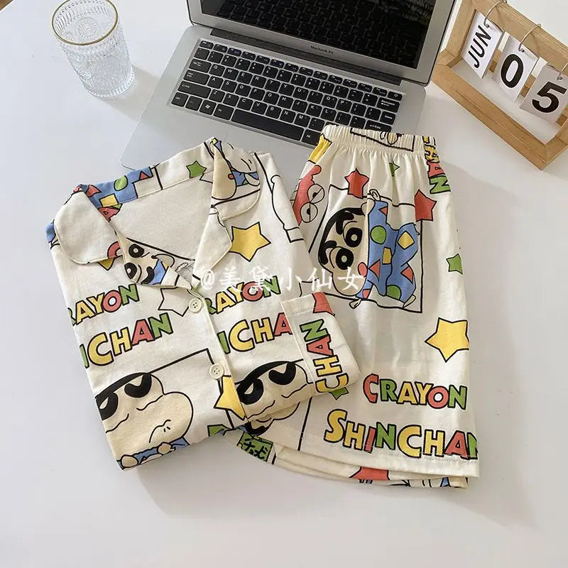 Maxy Cute Cartoon Crayon Shin Chan Pajama Kawaii Fashion Short Sleeved Casual Shorts Home Suit Set Christmas Present