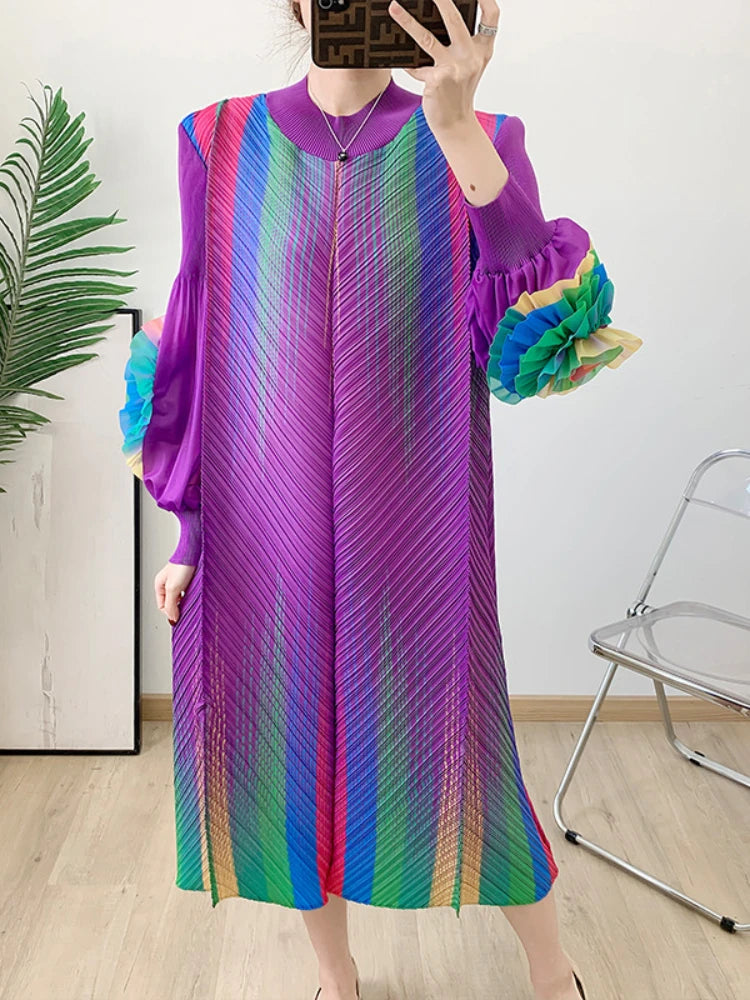 Maxy Miyake Pleated Elegant Dress Women Round Neck Spliced Fungus Long Sleeve High Stretchy Loose Dresses Spring New 6R0518