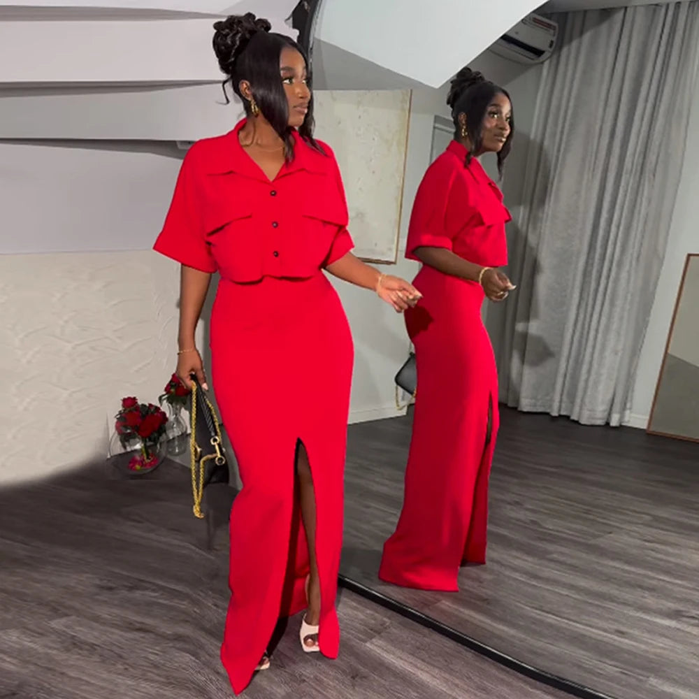 Maxy Latest Design Skirt Set Polo Collar Short Shirt Top and Long Split Skirt Set 2 Two Piece Summer Outfits for Women Elegant