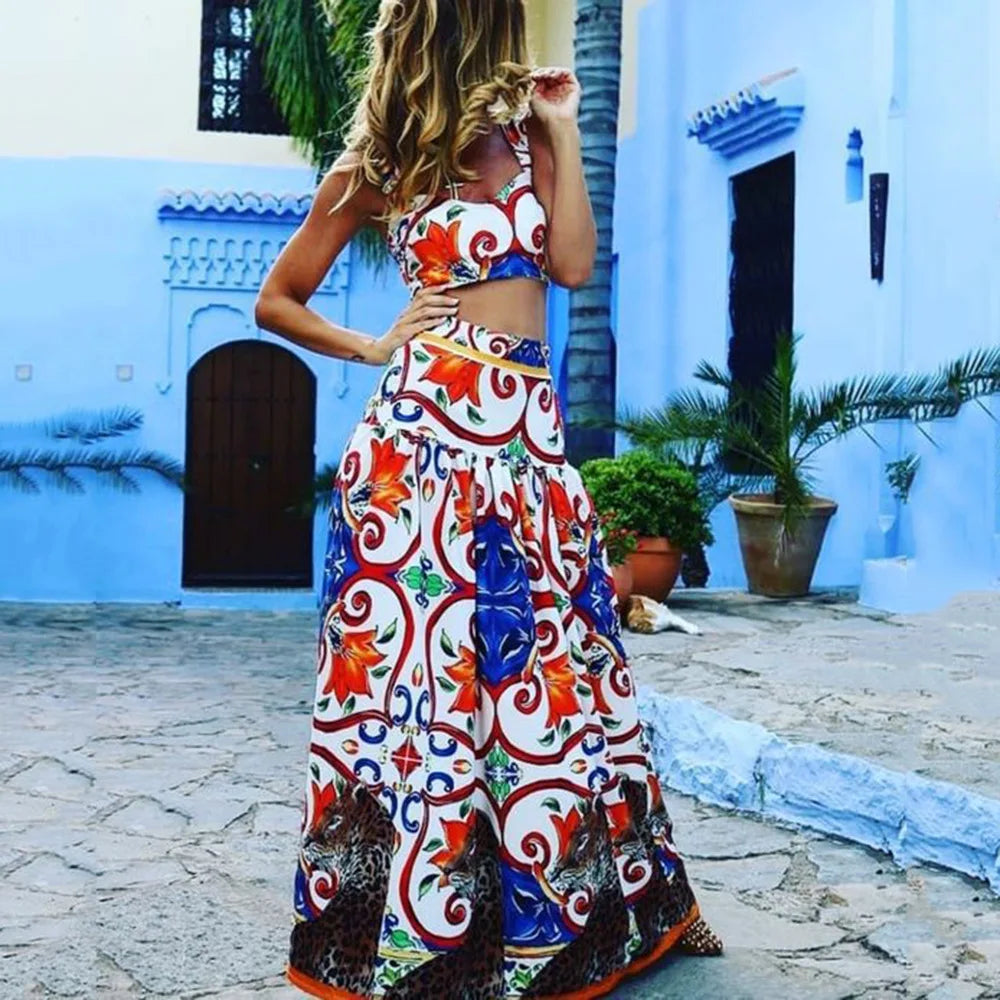 Maxy Bohemian Print Skirt Two Piece Set For Women Sexy Crop Camisole Top And Skirts 2 Piece Sets Summer Beach Holiday Suit Female