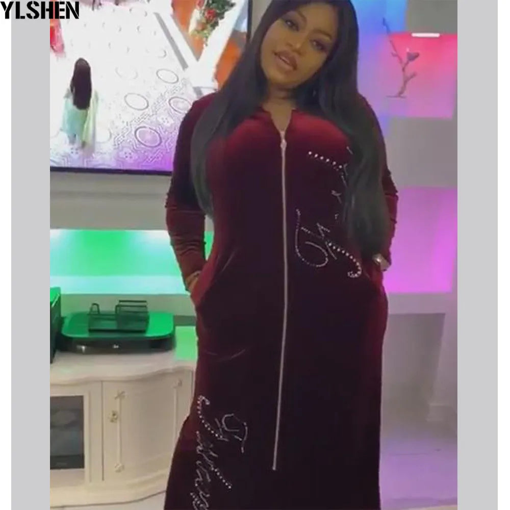 Velvet Diamonds African Dresses For Women Winter Spring Africa Clothing Plus Size High Quality Muslim Long Sleeve Maxi Dress