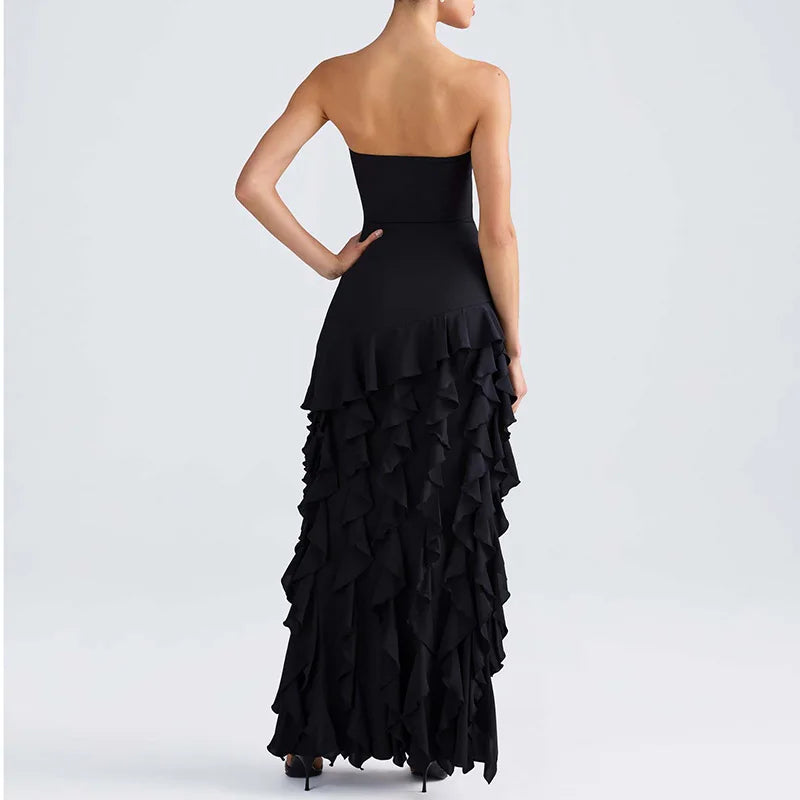 Maxy Show Style Ruffles High Split Evening Dress Sexy Tube Top Sleeveless Wrap Hip Dress Elegant Solid Color Off Shoulder Party Dress