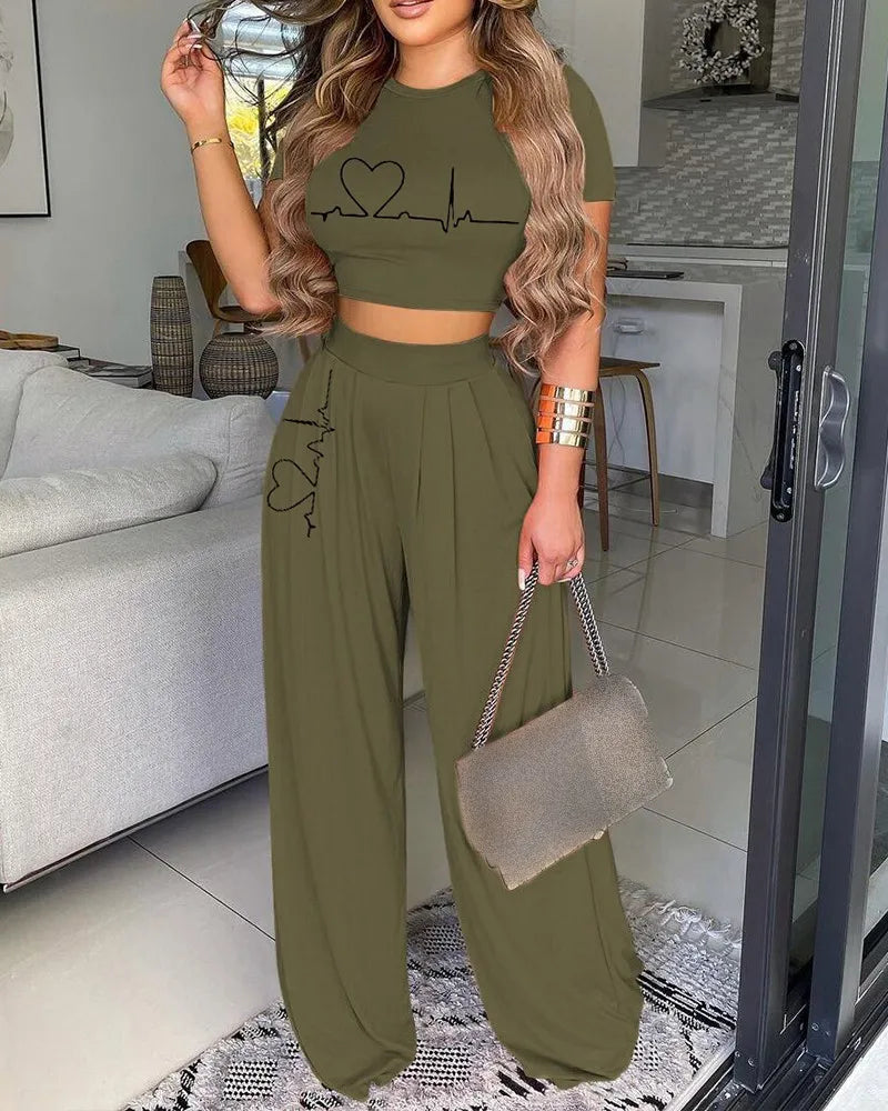 Maxy Women Open Bellybutton Set Summer Leisure Fashion Heartbeat Short Sleeved Top High Waist Women Wide Leg Long Pants Two Piece Set