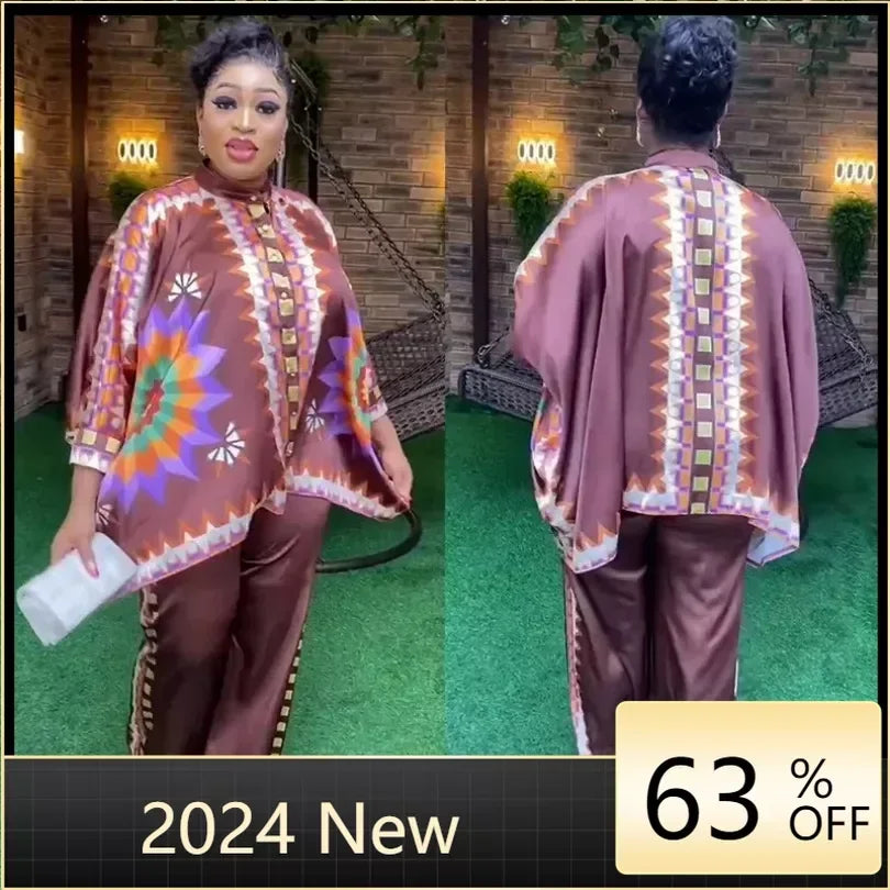 Maxy 2 Pieces Sets Matching African Silk Clothes for Women 2024 Top and Pants Suits Elegant Lady Party Wear Plus Size