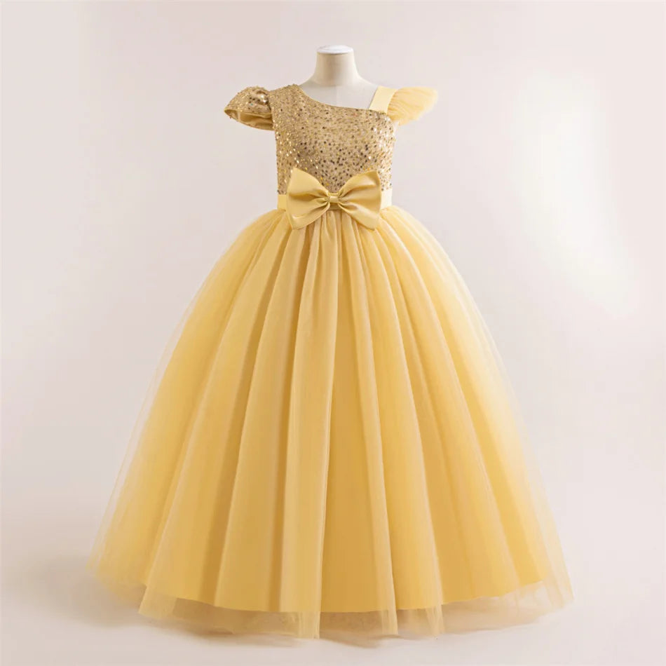 Maxy Girls Solid Sequin Mesh Bow Formal Evening Gown Kids Piano Performance Host Costume Children Wedding Elegant Princess Dress