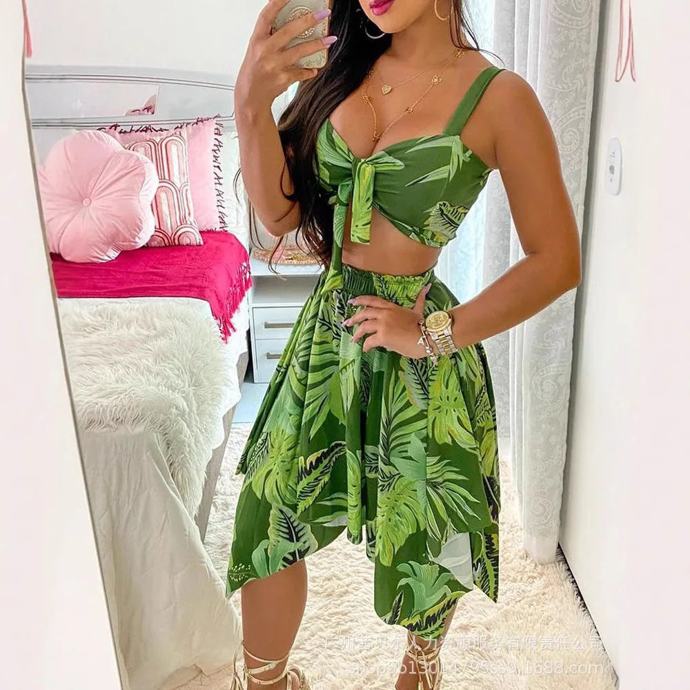 Maxy Women Two-piece Set Floral Flower Print Tank Top & High Waist Mini Skirt Sexy Summer Clothes