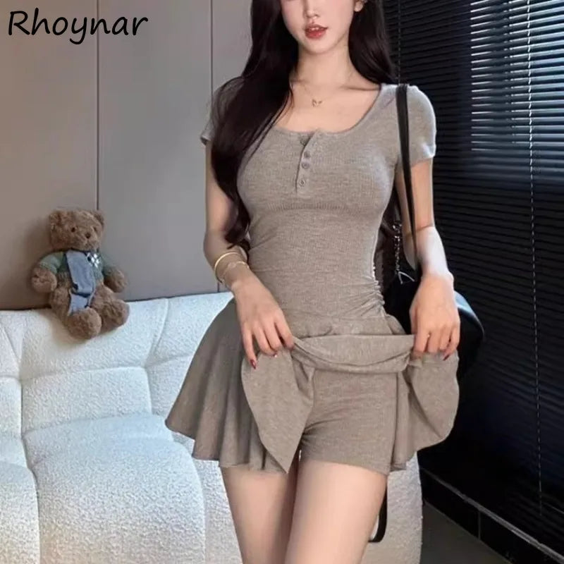 Maxy Short Sleeve Mini Dresses Women Summer Spicy Girls Slimming Pleated Single Breasted Trendy Fashion Ulzzang Casual Daily Female