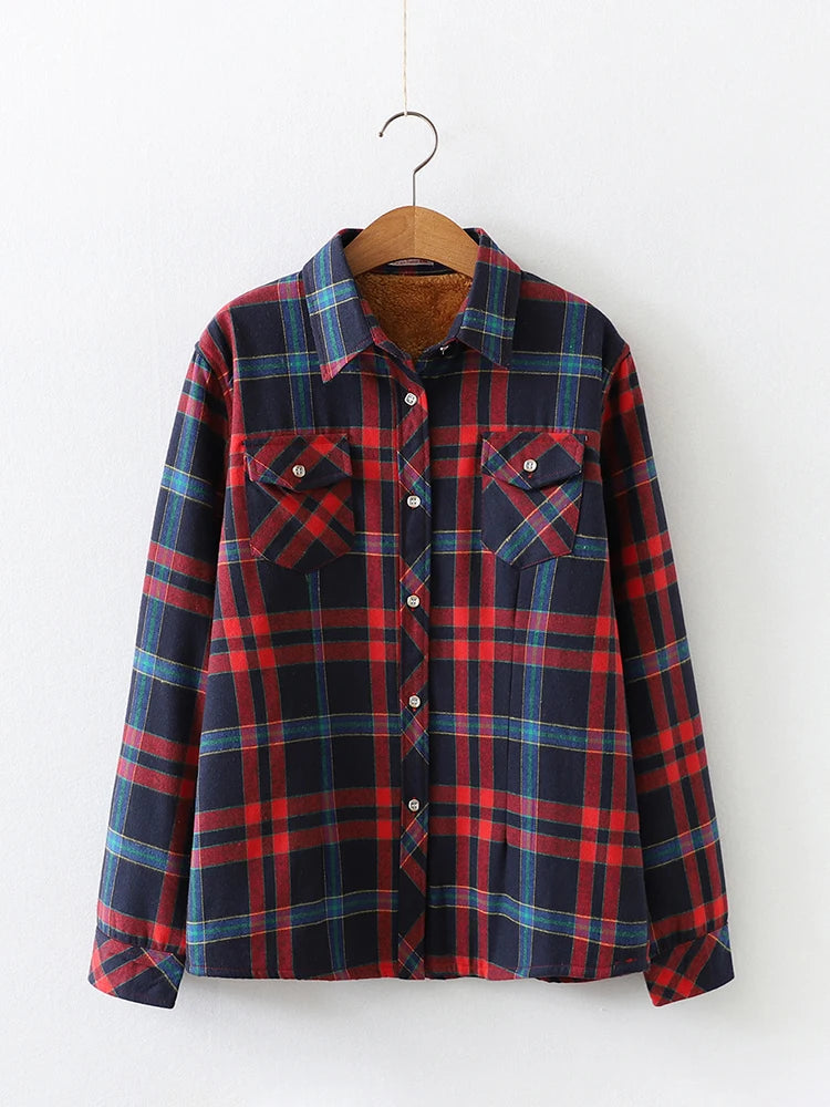 Maxy Women Plus Velvet Thicken Plaid Shirts Winter Warm Coat Jacket Brand Woman Clothes Fleece Tops Female Casual Outerwe T26701J