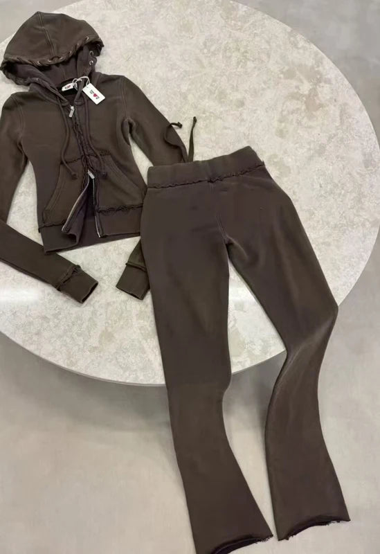 Maxy 2 Two Piece Lounge Set Women Clothing Elegant Tracksuit Drawstring Hoodie Zip Crop Jacket and Flared Pants Outfit Matching Sets