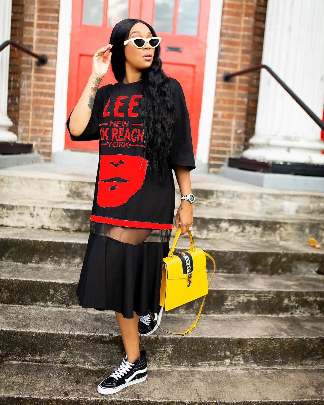 Maxy 4XL Big Size Women's Clothing Hip Hop T-shirt Dress Harajuku Rock Long Tee New Loose Tops Dance Colour Block Streetwear