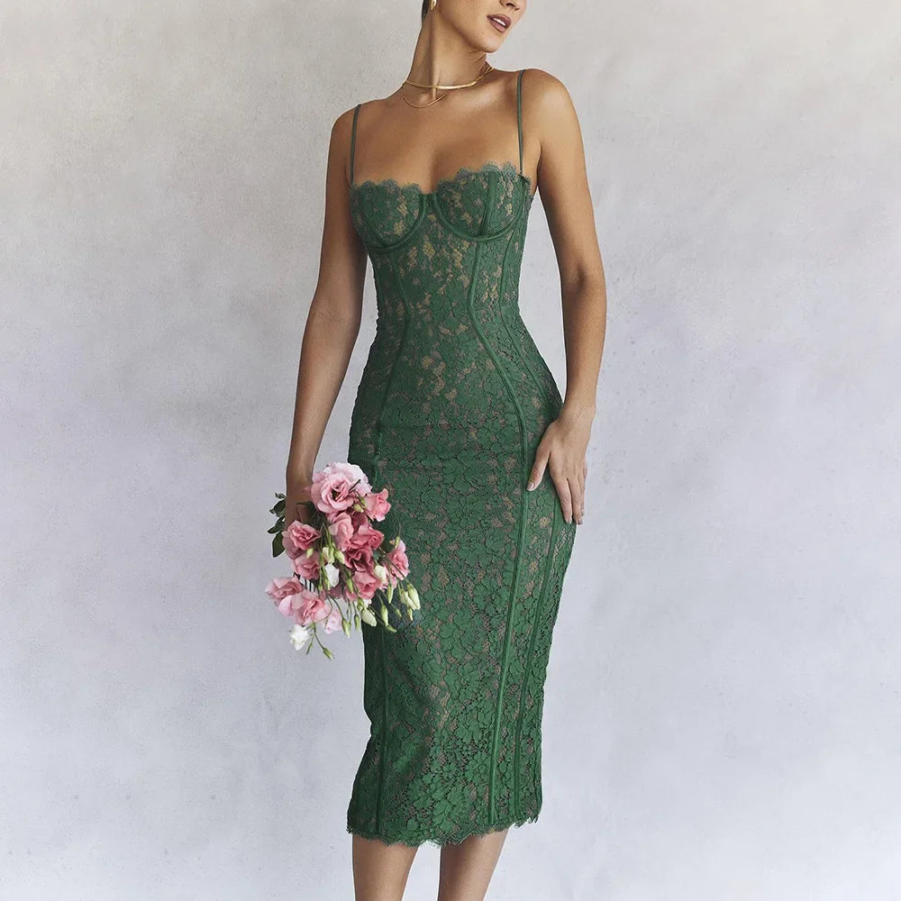 Maxy Summer Long Elegant Formal Occasion Dress Green Spaghetti Strap V Neck Lace Dress Vintage Birthday Party Dresses 2024