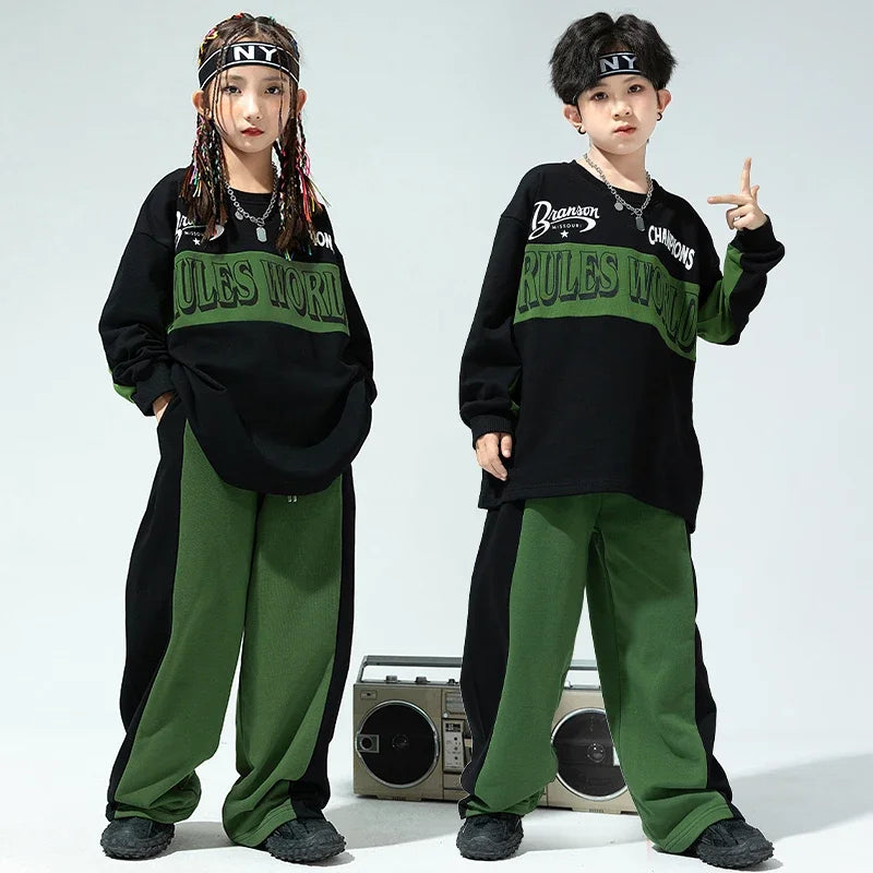 Maxy Kids Hip Hop Clothing Oversized Sweatshirt Top Purple Casual Wide Sweat Pants for Girl Boy Jazz Streetwear Dance Costume Clothes