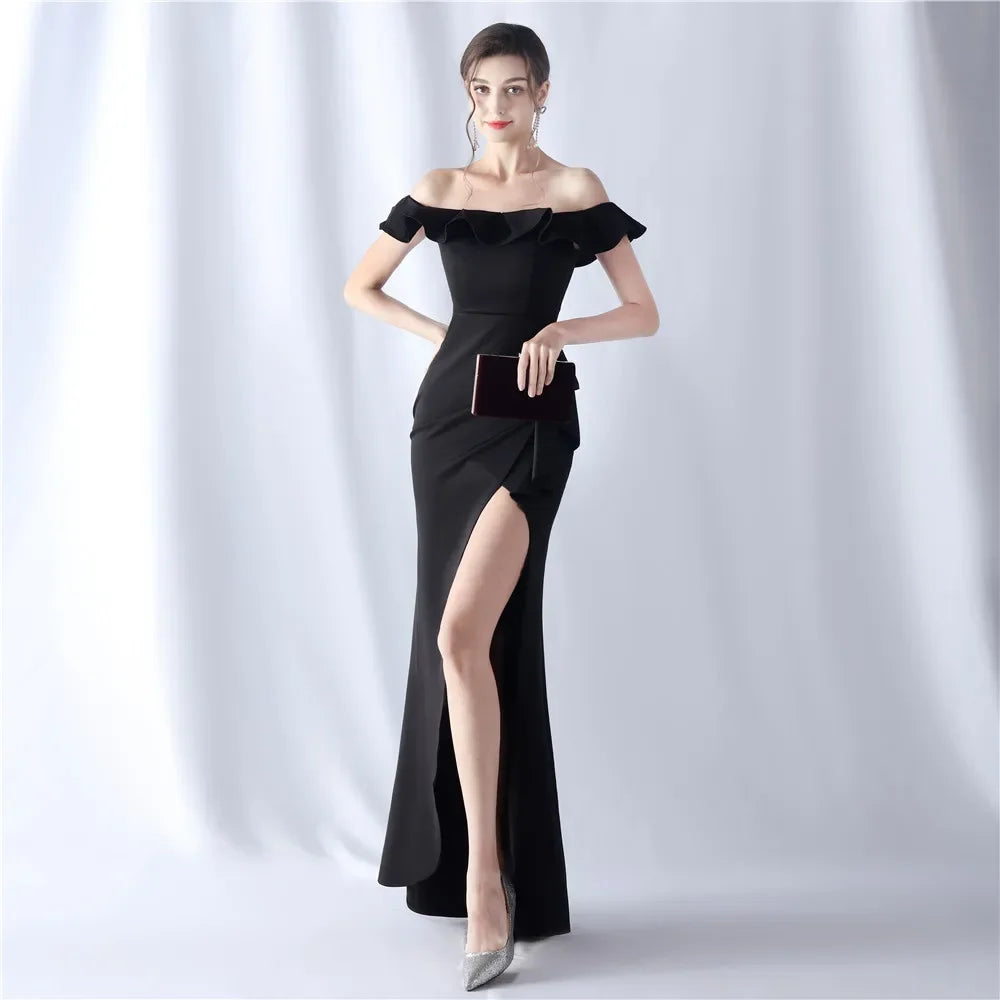 Maxy Evening Dresses White Stretchy Off the Shoulder Ruffles Zipper Back Mermaid Trumpet Floor Length Women Party Formal Gowns YE037