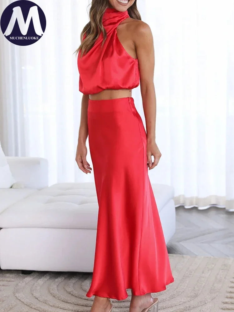 Maxy Women's Sleeveless Neck Hanging Tops Suits Slim Fit Evening Dress Sets Leisure Summer New Fashion 2 Pieces