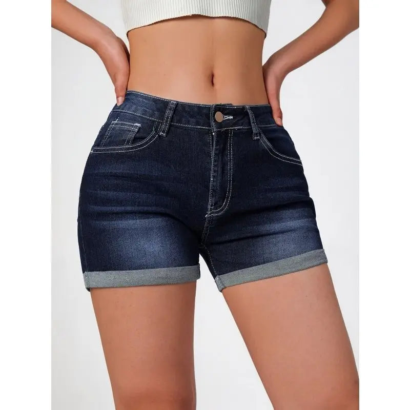 Maxy Women's summer denim shorts American deep blue elastic slim fit fashionable versatile casual retro denim shorts