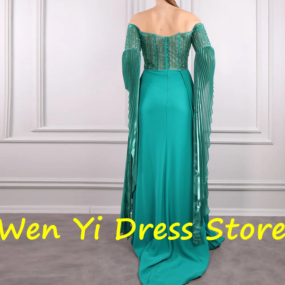 Maxy Off the Shoulder Elegant Party Dresses Woman Satin Sleeveless Straight Pleats Floor Length Sweep Train Crystal Quinceanera Gowns