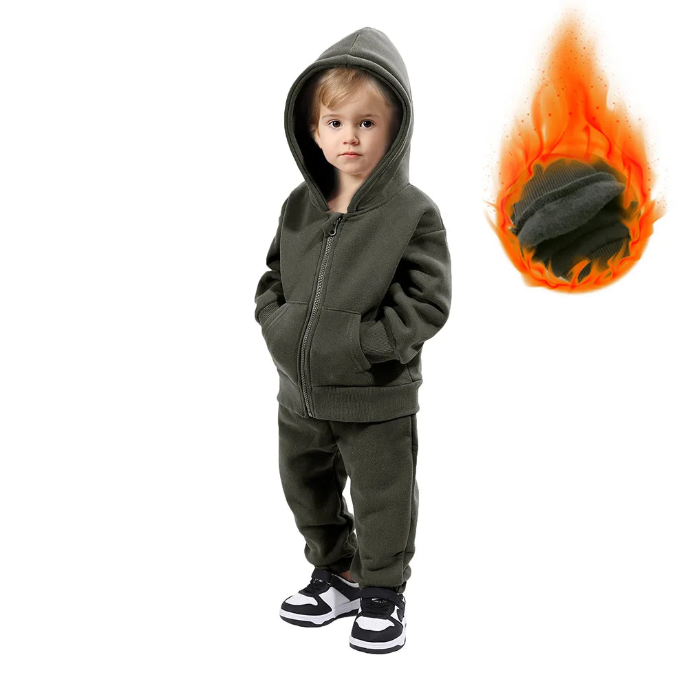 Maxy Children Hooded Tracksuits Suits Toddler Boys Girls Clothing Solid Plush Autumn Winter Sweatshirt Jacket Coats Sports Pants Set
