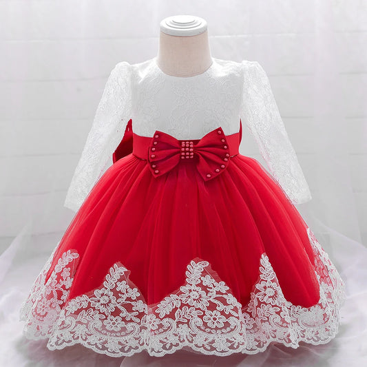 Maxy Baby Girl Baptism Newborn Photography Clothing Toddler Birthday Summer Dress Kids Christening Long Sleeve Lace Bow Ball Gown