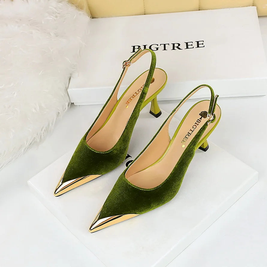 Women 7cm High Heels Green Burgundy Slingback Strap Pumps Lady Metal Toe Velvet Kitten Low Heels Nightclub Evening Party Shoes