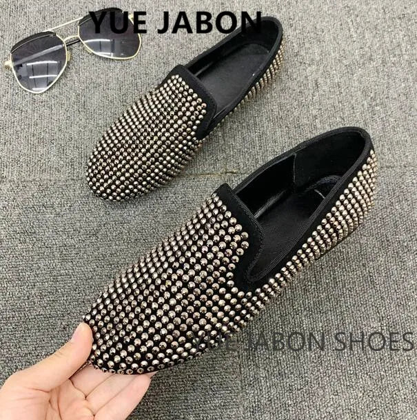 Visco New Fashion Men Rhinestone Shoes British Men's Flats Smoking Slippers Men Loafers Dress Shoes Black Casual Shoes Gladiator Mens