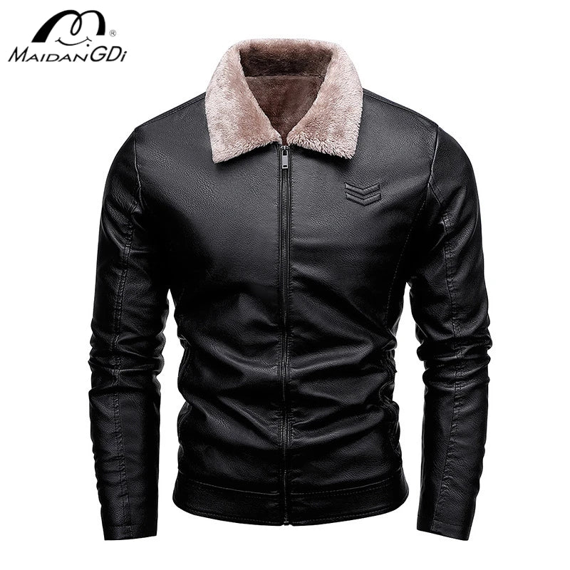 Maxy Men's Leather Jacket with Plush Lining Motorcycle Style Top  Artificial Leather Jacket Mens Fur Coat  Winter Men