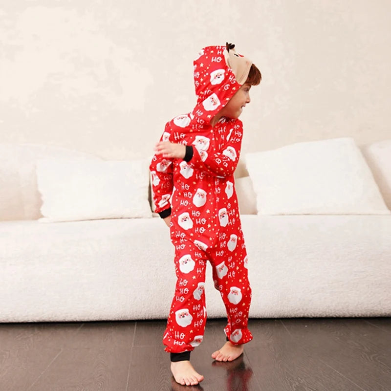 New Christmas Gift for Family Pajamas Cute Deer Ear Hooded Jumpsuit Mother Father Kids Baby Outfit Rompers Xmas Family Look Set