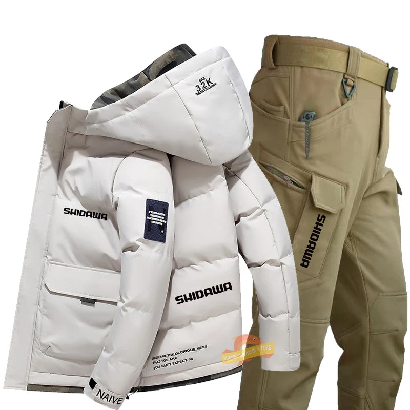Maxy New Fishing Suit Men Winter Down Clothing Windproof and Coldproof Mountain Climbing Jacket + Waterproof Warm Pants Two-piece Set