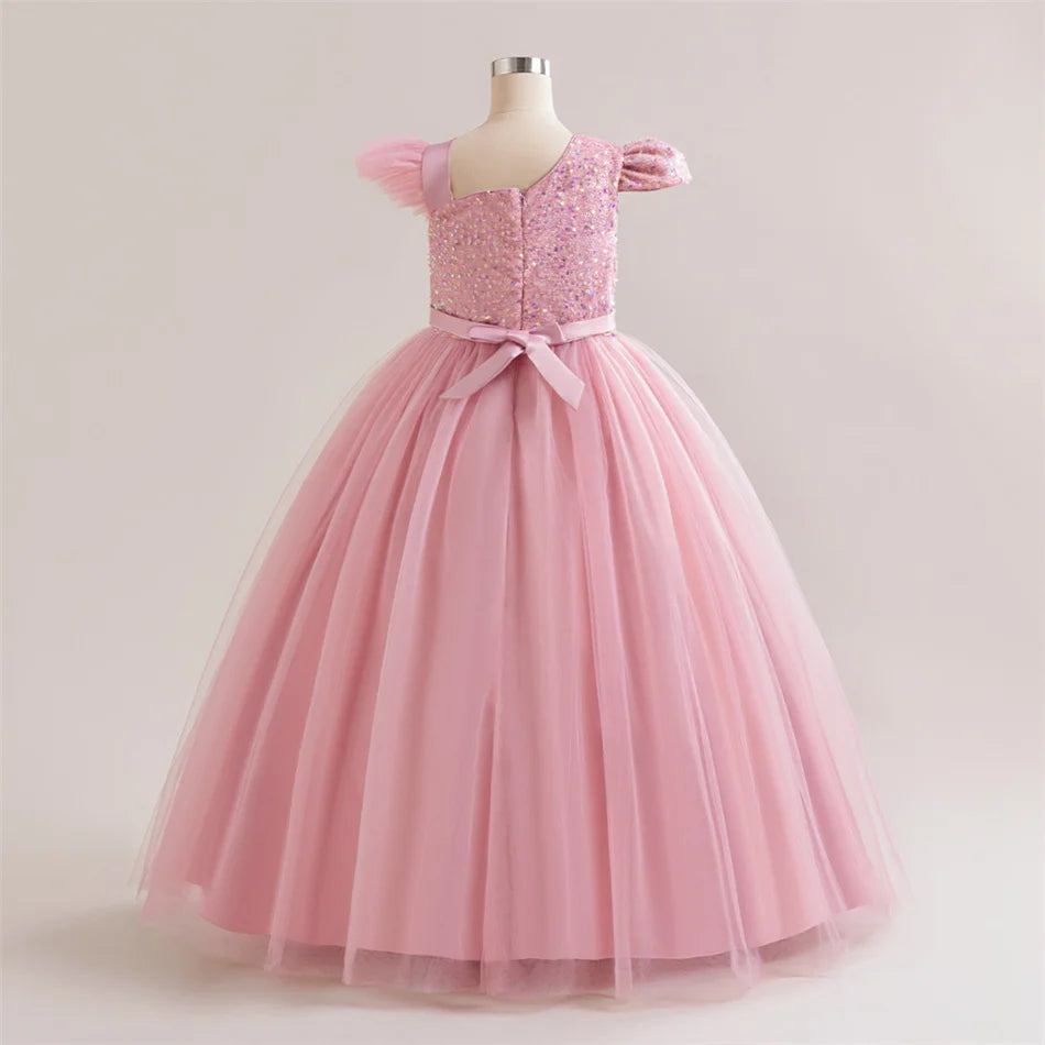 Maxy Girls Solid Sequin Mesh Bow Formal Evening Gown Kids Piano Performance Host Costume Children Wedding Elegant Princess Dress