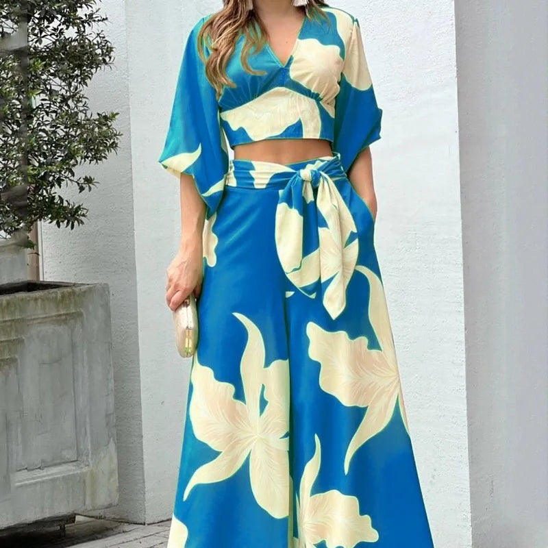 Maxy Vacation Beach Fashion Set Women's Fashion Spring V-neck Lantern Sleeve Top T-shirt Loose Sexy Lace Up Loose Pants Two Piece Set