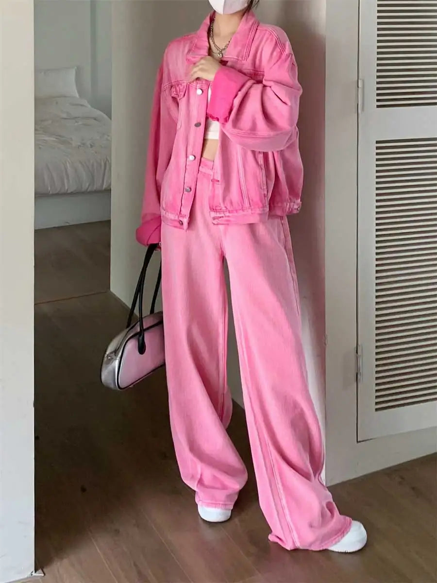 Maxy Denim Jacket Baggy Jeans Women 2-piece Set Y2k Pink Oversized Long Sleeves Statue Outer Wide Leg Casual Pants Suit