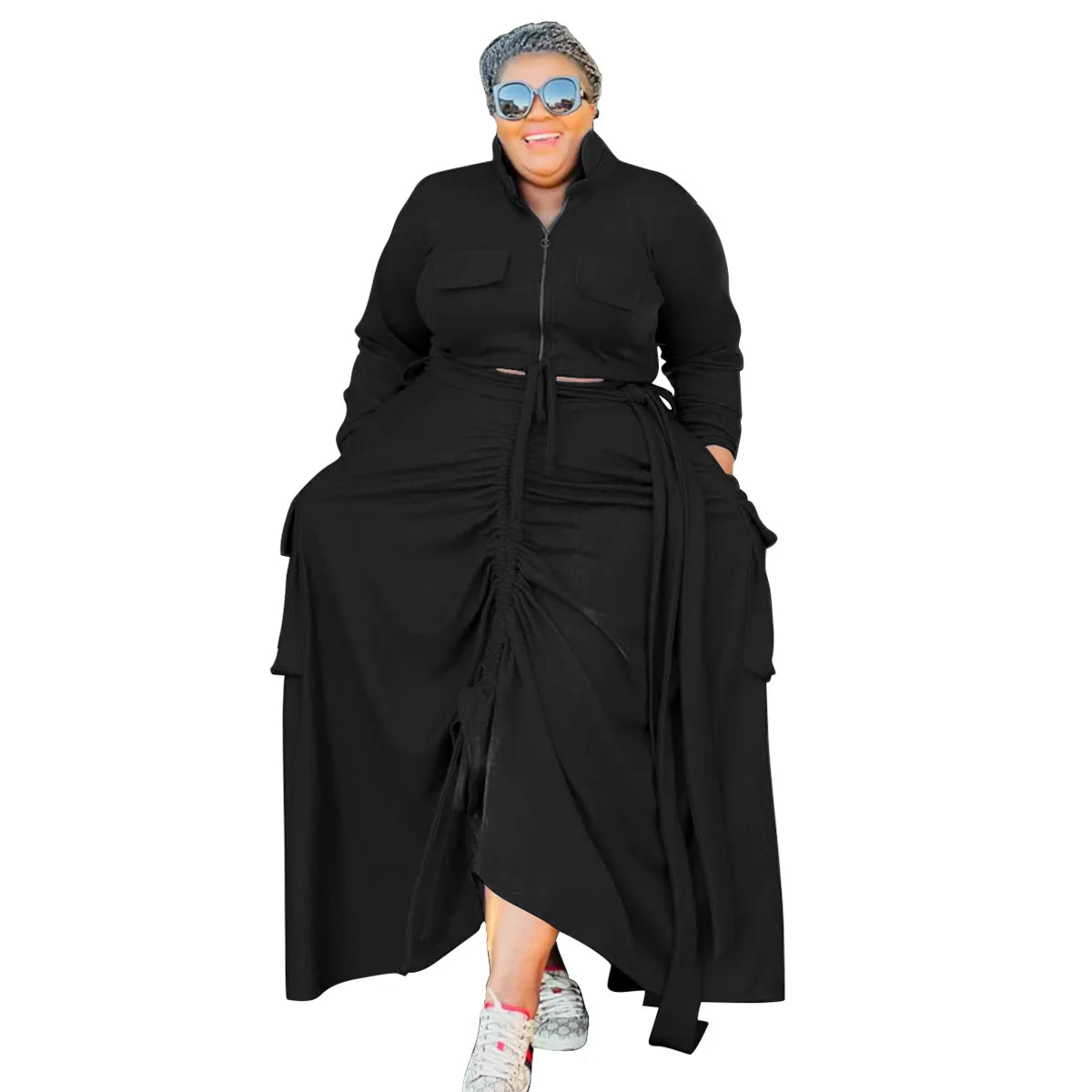 Maxy Plus Size Women 2 Piece Set Solid Color Splice Drawstring Casual Long Sleeve Coat Lapel Zipper Dress Suit