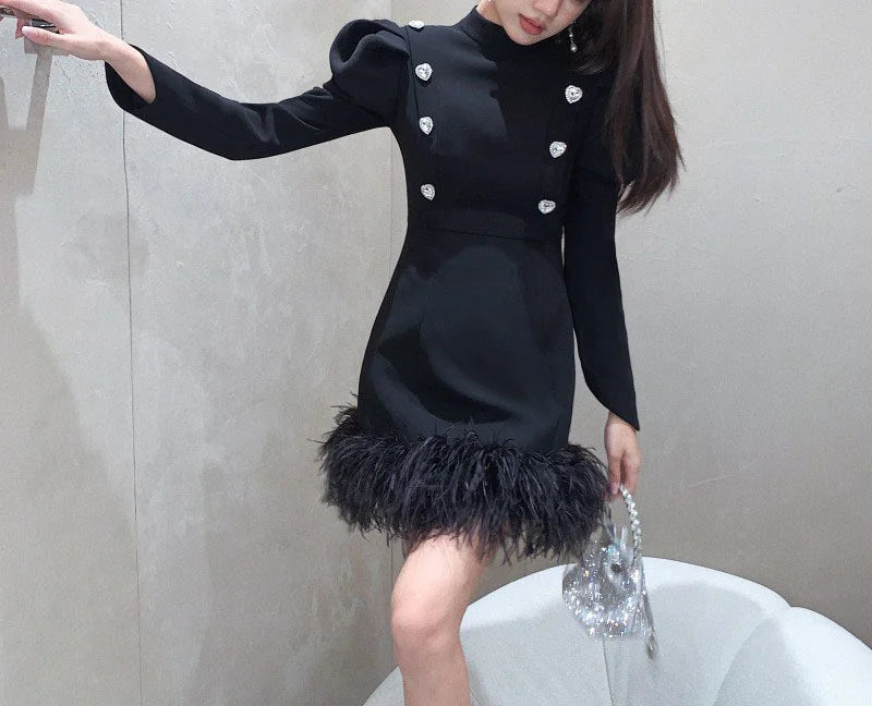 Maxy Black Mini French Women 2024 Autumn Winter New Luxury Heavy Rhinestone Feather Bubble Long Sleeve Slim Fit Bodycon Dress