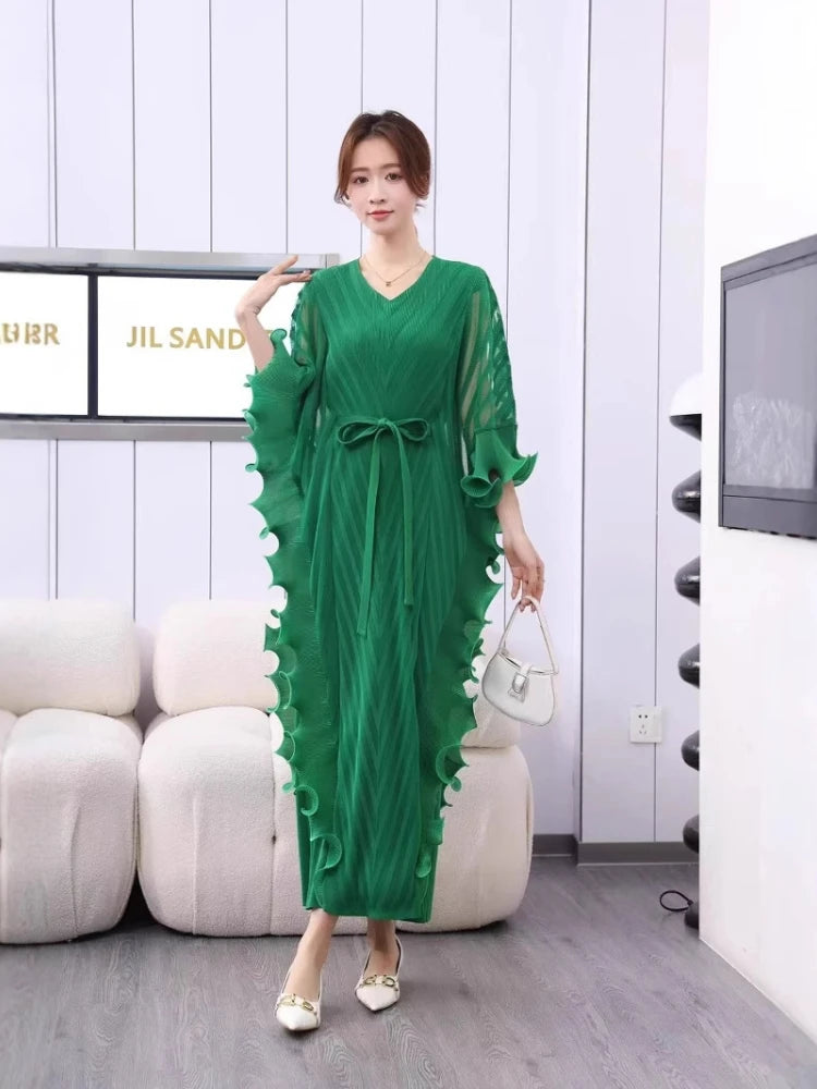 Maxy Autumn New Ruffles Pleated Dress Women V Neck Hanging Loose Style Dresses with Belt Female Elegant Clothing 9R3802