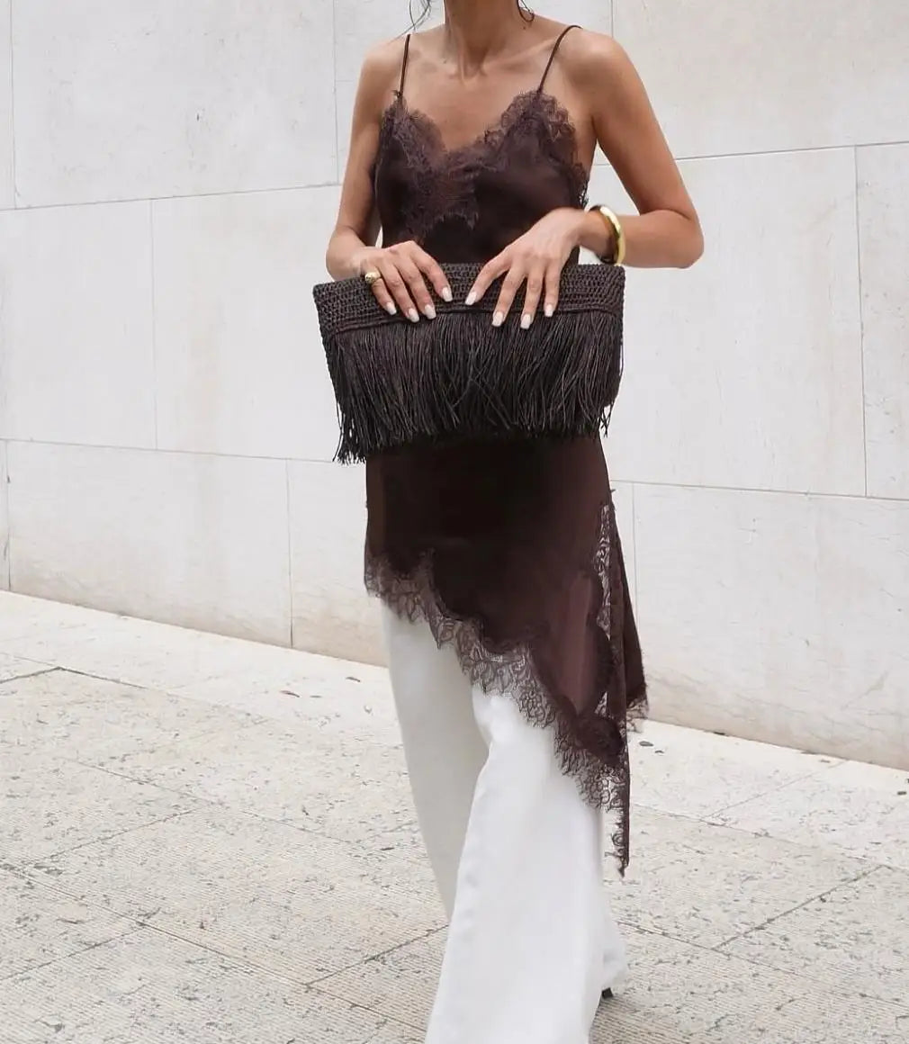 New Satin Lace Splicing Sling Dress Women Elegant Irregular Hem V Neck Backless Sleeveless Gown Chic Women Party Club Vestido